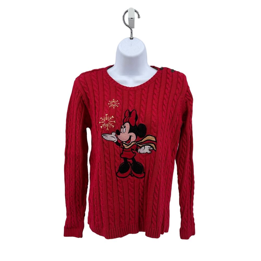 Disney Store Minnie Mouse Red Cable Knit Slim Fit Sweater Womens Small Crew Neck